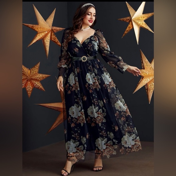 Plus Random Floral Print Overlap Collar Bishop Sleeve Belted Mesh Dress - Picture 5 of 14